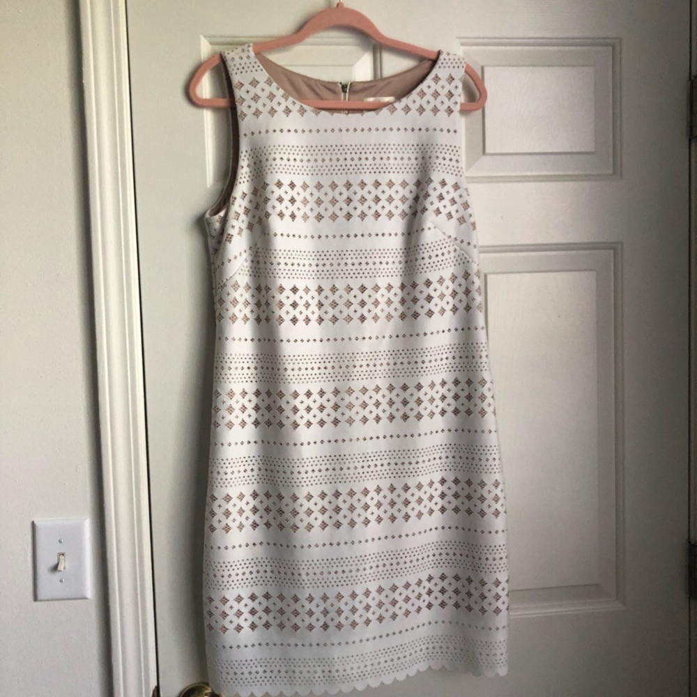 Eliza J White Sheath Dress with Tan Underlay